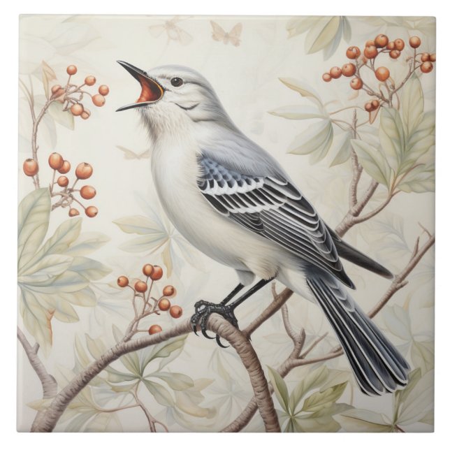 Singing Gray Bird on Berry Branches Ceramic Tile (Front)
