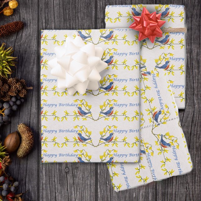 Singing Happy Birthday Blue Red Bird Flowers Wrapping Paper Sheets (Happy Birthday blue red birds on branches with pretty yellow flowers on white gift wrapping paper.)