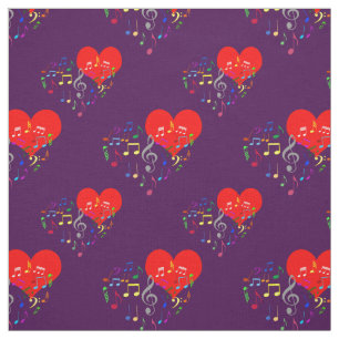 Singing Heart Pattern. Colorful Notes On Violet Fabric