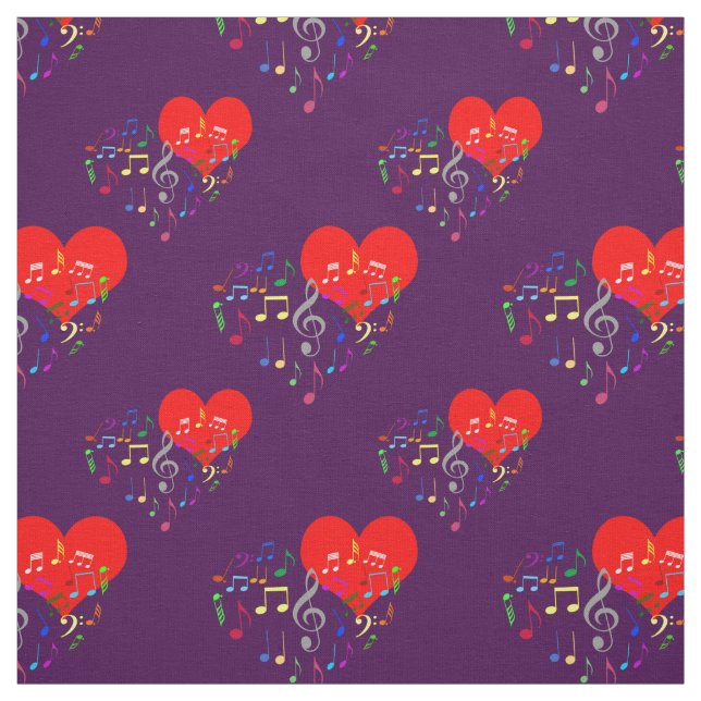 Singing Heart Pattern. Colorful Notes On Violet Fabric (Swatch)