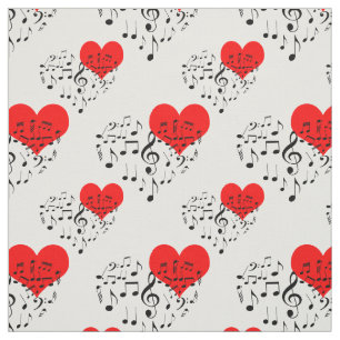 Singing Heart Pattern. Red Hearts, Black Notes Fabric