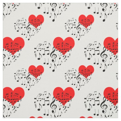Singing Heart Pattern. Red Hearts, Black Notes Fabric