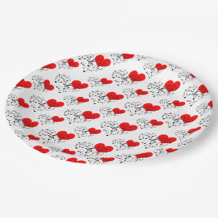 Singing Heart Pattern. Red Hearts, Black Notes Pap Paper Plates