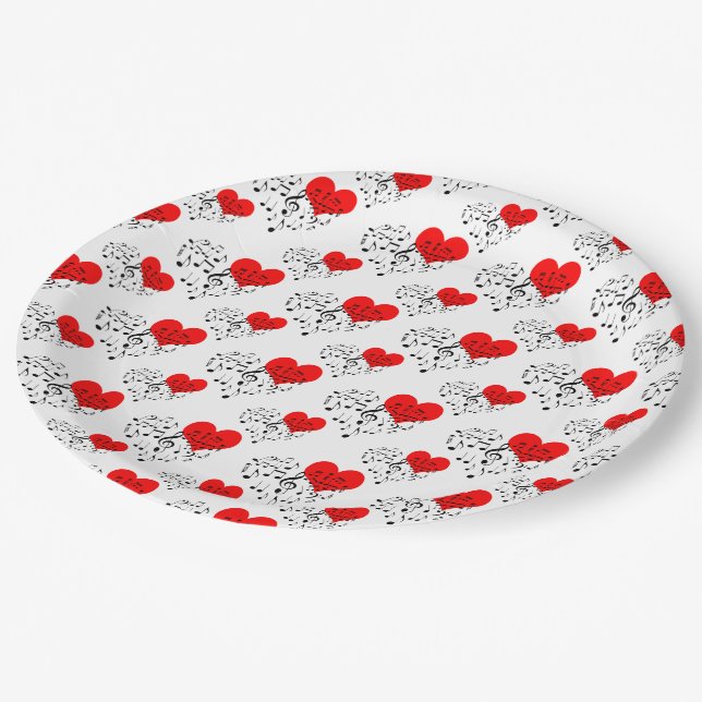 Singing Heart Pattern. Red Hearts, Black Notes Pap Paper Plates (Angled)