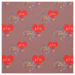 Singing Heart Pattern. Red Hearts, Colorful Notes Fabric