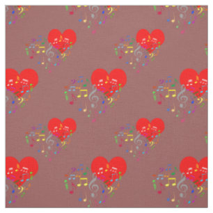 Singing Heart Pattern. Red Hearts, Colorful Notes Fabric