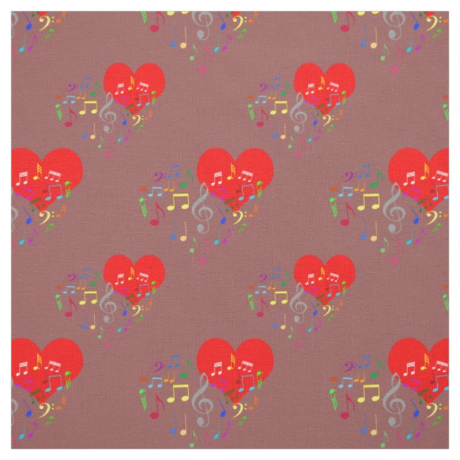 Singing Heart Pattern. Red Hearts, Colorful Notes Fabric (Swatch)