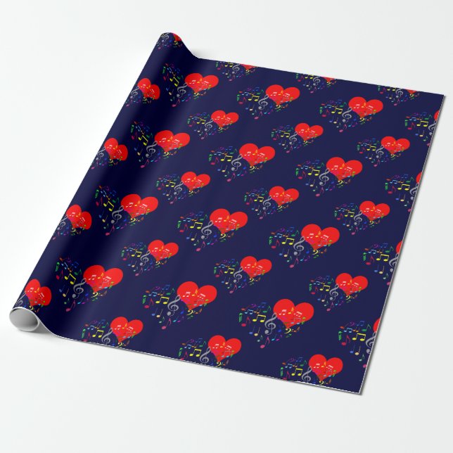 Singing Heart Pattern. Red Hearts, Colorful Notes Wrapping Paper (Unrolled)