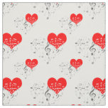 Singing Heart Pattern. Red Hearts, Gray Notes Fabric