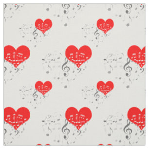 Singing Heart Pattern. Red Hearts, Gray Notes Fabric