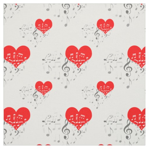 Singing Heart Pattern. Red Hearts, Gray Notes Fabric