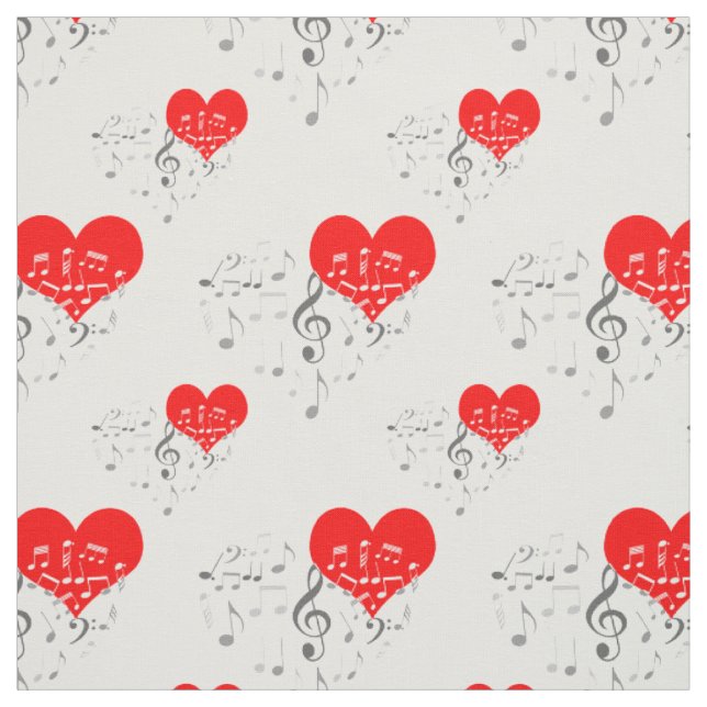 Singing Heart Pattern. Red Hearts, Gray Notes Fabric (Swatch)