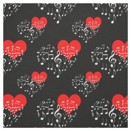 Singing Heart Pattern. Red Hearts, White Notes Fabric