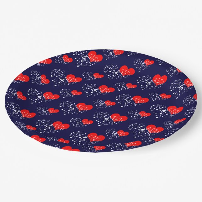 Singing Heart Pattern. Red Hearts, White Notes Pap Paper Plates (Angled)