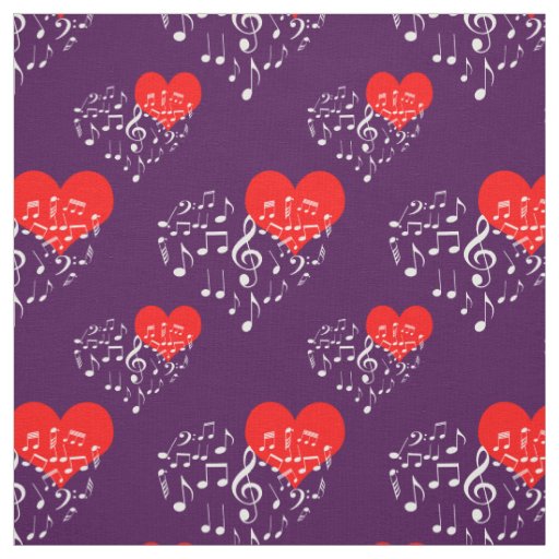 Singing Heart Pattern. White Notes On Violet Fabric