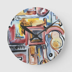 Singing In The Kitchen-Abstract Watercolor Art Round Clock