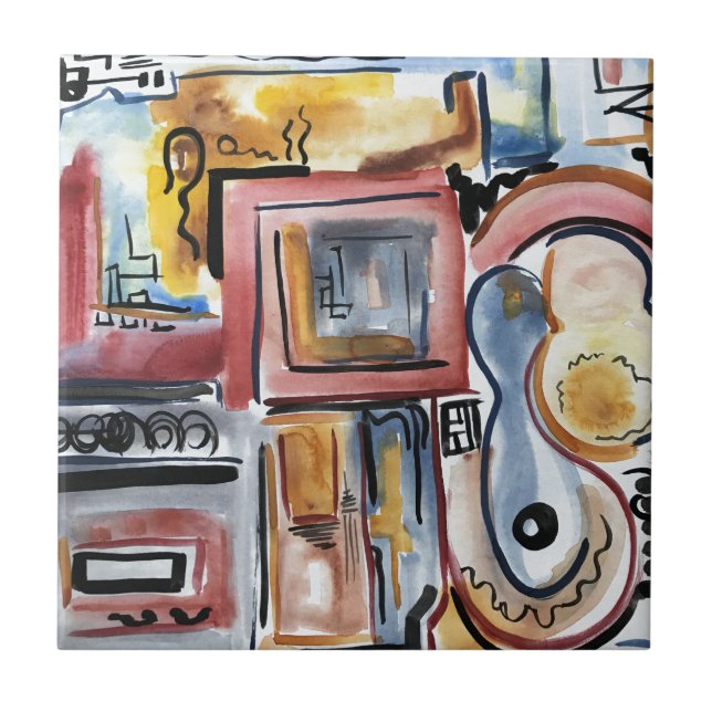 Singing In The Kitchen-Hand Painted Modern Art Ceramic Tile (Front)
