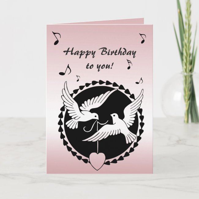 Singing Love Birds Pink Birthday Card