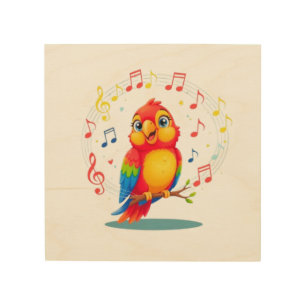 **Singing Parrot – Cute Parrot Singing Illustratio Wood Wall Art