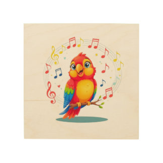 **Singing Parrot – Cute Parrot Singing Illustratio Wood Wall Art