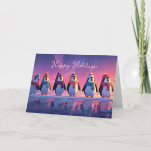 Singing Penguins Under a Vibrant Arctic Aurora Card