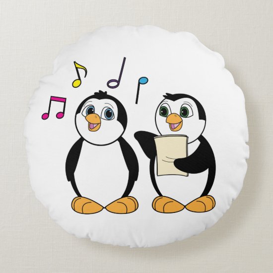 Singing Penguins with Music and Notes Round Pillow
