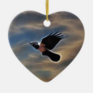 Singing raven in flight ceramic ornament