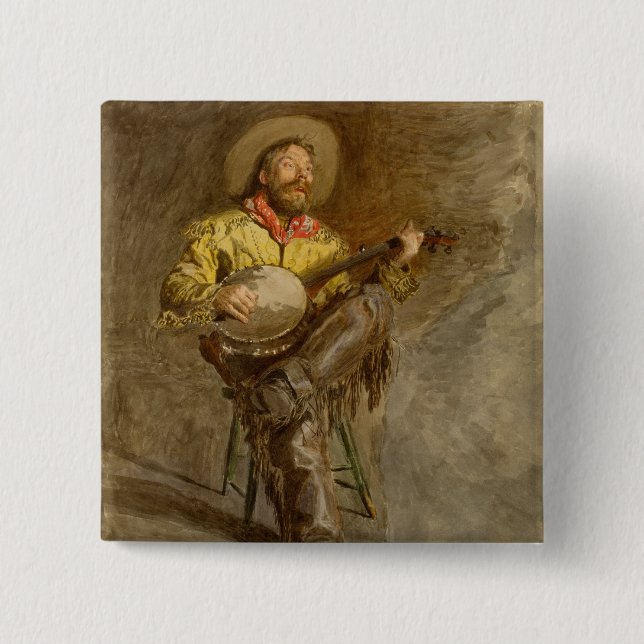 Singing Spanish Cowboy w Banjo Playing Trail Song Button (Front)