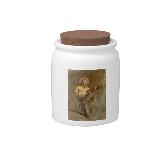 Singing Spanish Cowboy w Banjo Playing Trail Song Candy Jar (Front)