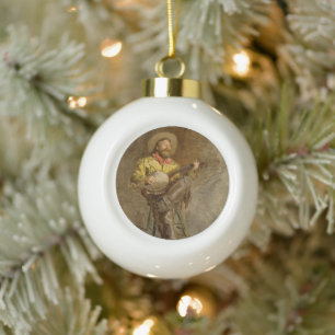 Singing Spanish Cowboy w Banjo Playing Trail Song Ceramic Ball Christmas Ornament