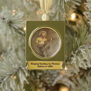 Singing Spanish Cowboy w Banjo Playing Trail Song Gold Plated Banner Ornament