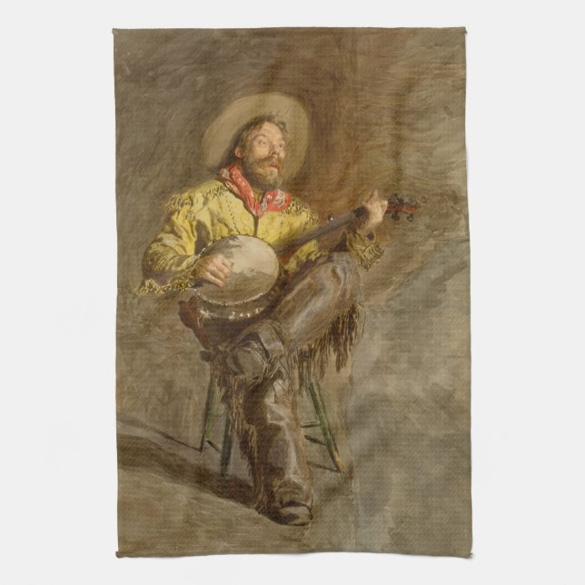 Singing Spanish Cowboy w Banjo Playing Trail Song Kitchen Towel (Vertical)