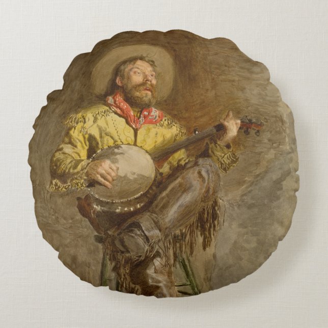 Singing Spanish Cowboy w Banjo Playing Trail Song Round Pillow (Front)
