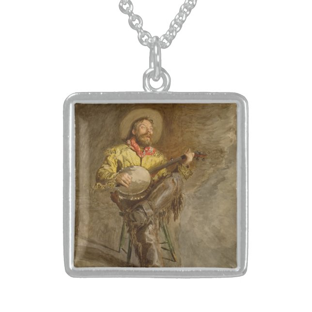 Singing Spanish Cowboy w Banjo Playing Trail Song Sterling Silver Necklace (Front)