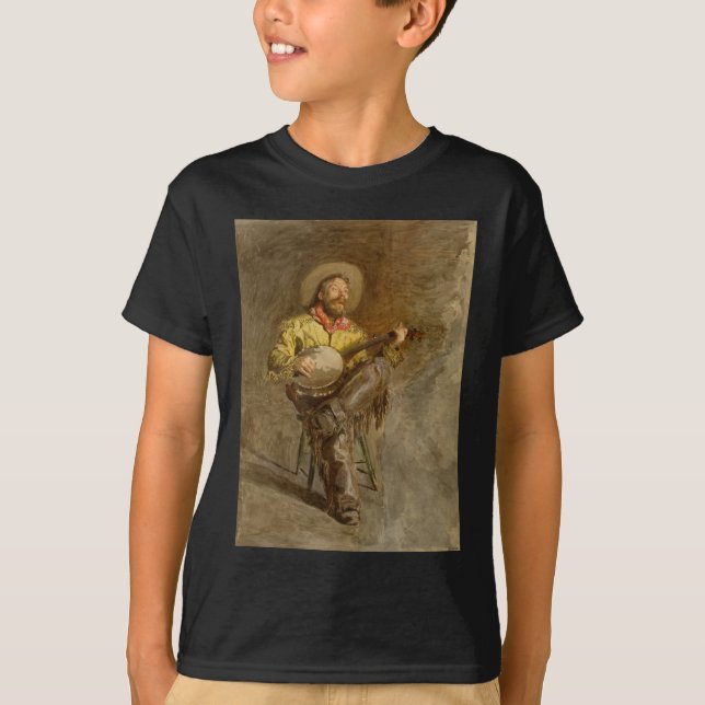 Singing Spanish Cowboy w Banjo Playing Trail Song T-Shirt (Front)