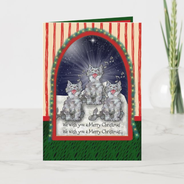 Singing Watercolor Christmas Cats Personalized Holiday Card (Front)
