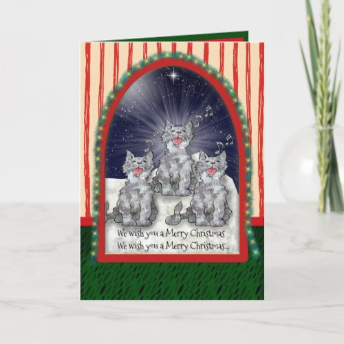 Singing Watercolor Christmas Cats Personalized Holiday Card