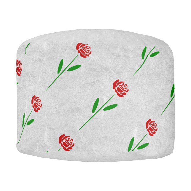 Single Art Deco Red Rose Green Leaves and Stem Pouf (Front)