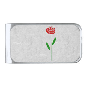 Single Art Deco Red Rose Green Leaves and Stem Silver Finish Money Clip