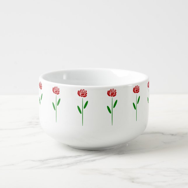 Single Art Deco Red Rose Green Leaves and Stem Soup Mug (Front)
