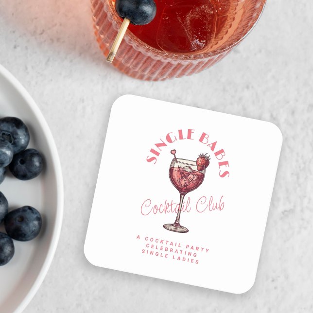 Single Babes Valentine’s Day Party Pink Cocktail Square Paper Coaster (Creator Uploaded)