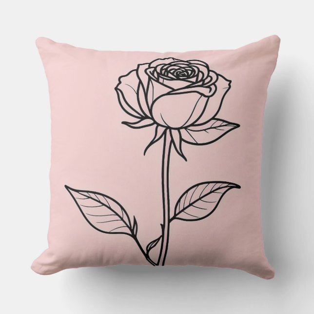 Single Black Rose Drawing Throw Pillow (Front)