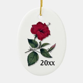 Single Botanical Style Dark Red Hibiscus Blossom C Ceramic Ornament