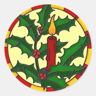 Single candle and holly classic round sticker