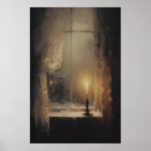 Single Candle In Window At Dusk, Dark Academia Poster