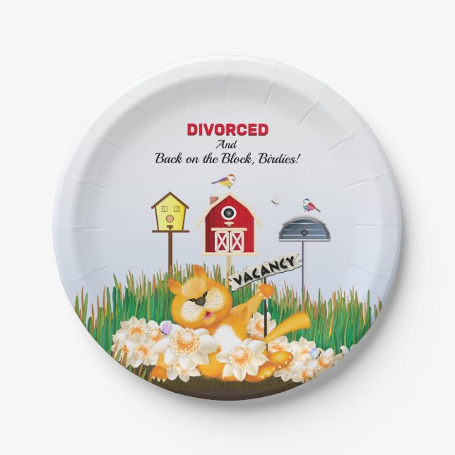 Single Cat Invites Birds | Divorce Party Paper Plates (Front)