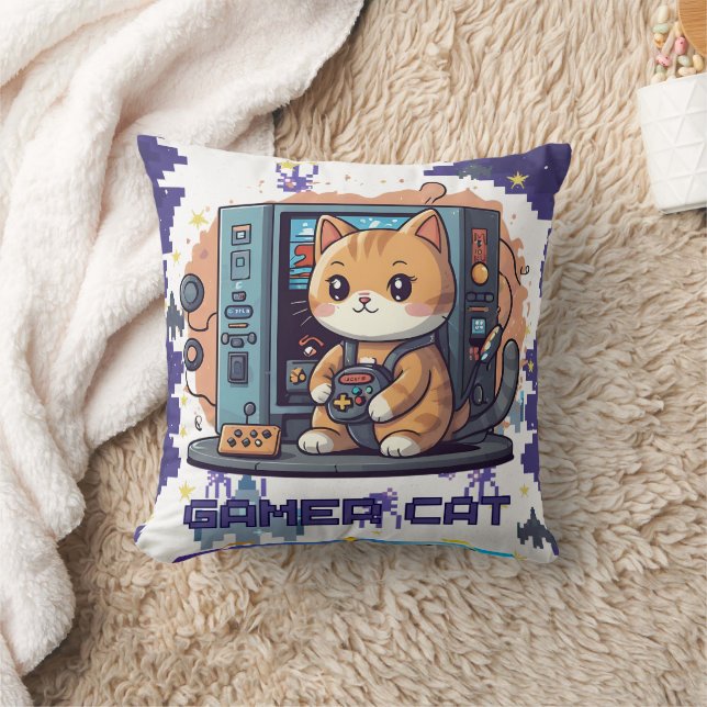 Single Cute Gamer Cat Blue Print Throw Pillow (Blanket)