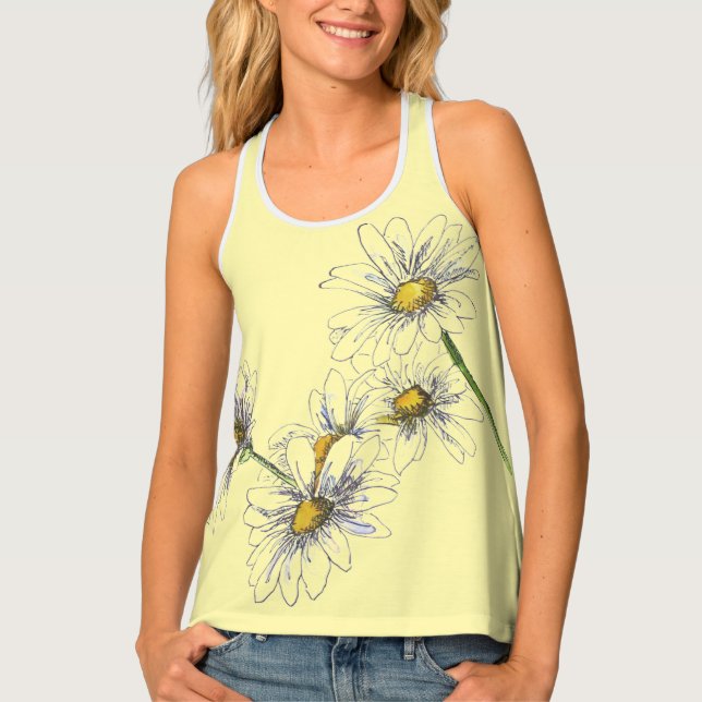 Single Daisies on a long Pale Yellow  Tank Top (Front)