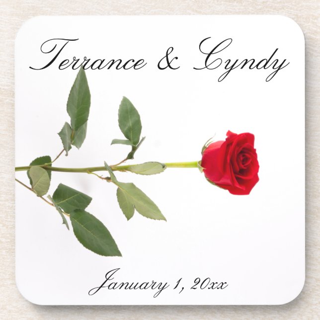 Single Elegant Long Stem Red Rose Beverage Coaster (Front)