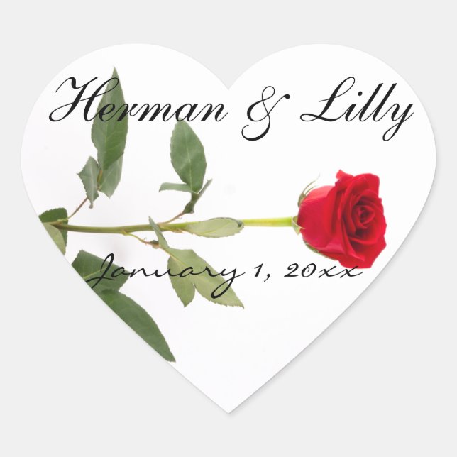 Single Elegant Long Stem Red Rose Personalized Heart Sticker (Front)